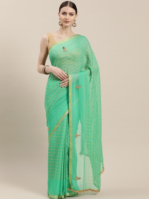 

Chhabra 555 Green & Golden Zari Checked Saree