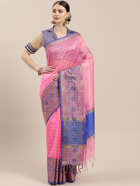 

Chhabra 555 Pink & White Resham Checked Chanderi Saree