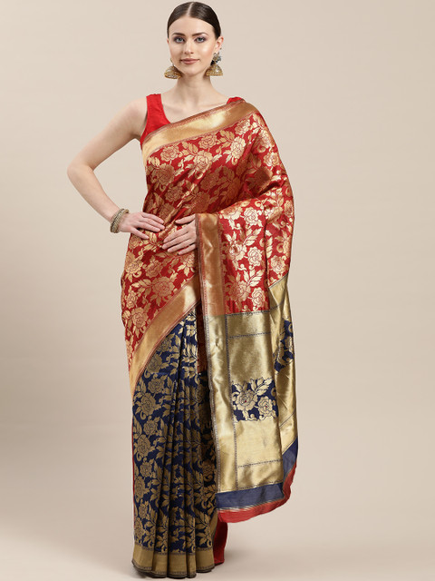 

Chhabra 555 Maroon & Navy Blue Zari Woven Design Half & Half Kanjeevaram Saree