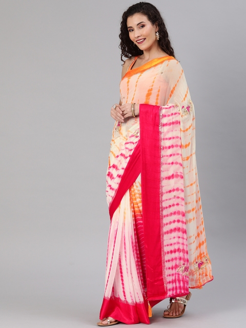 

Chhabra 555 Fuchsia & Orange Poly Georgette Printed Leheriya Saree with Embroidery