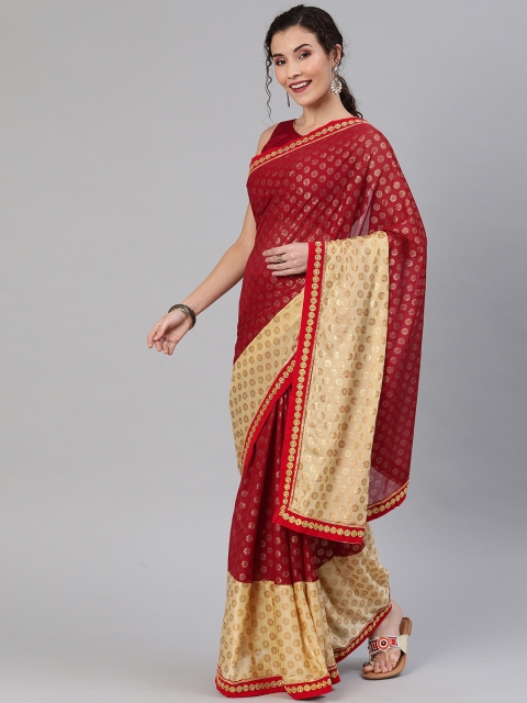 

Chhabra 555 Maroon & Gold-Toned Poly Georgette Printed Saree