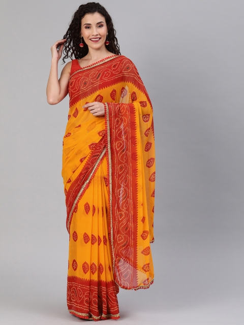 

Chhabra 555 Mustard Yellow & Red Poly Georgette Printed Bandhani Saree