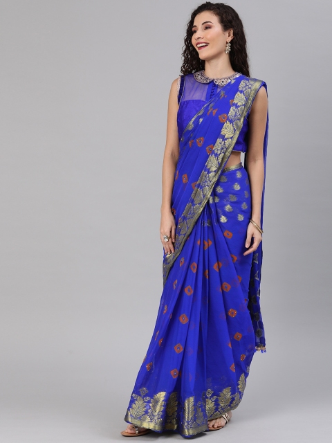 

Chhabra 555 Blue & Orange Poly Georgette Printed Bandhani Saree with Woven Design