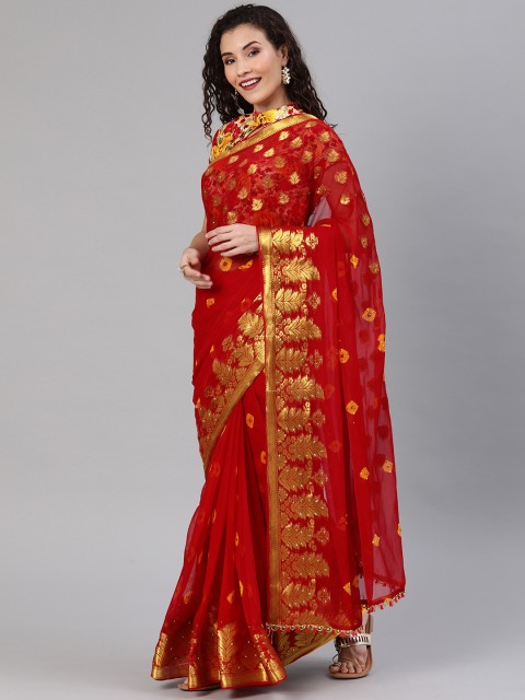 

Chhabra 555 Red & Yellow Poly Georgette Printed Bandhani Saree