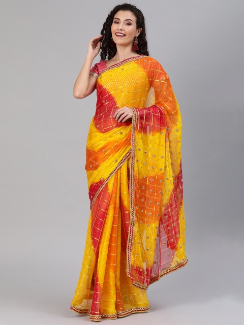 

Chhabra 555 Yellow & Pink Poly Georgette Gotta Patti Checked Leheriya Saree