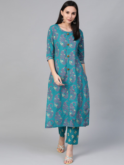 

Sringam Women Green & Pink Printed Kurta with Palazzos