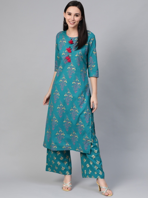 

Sringam Women Green & Pink Printed Kurta with Palazzos