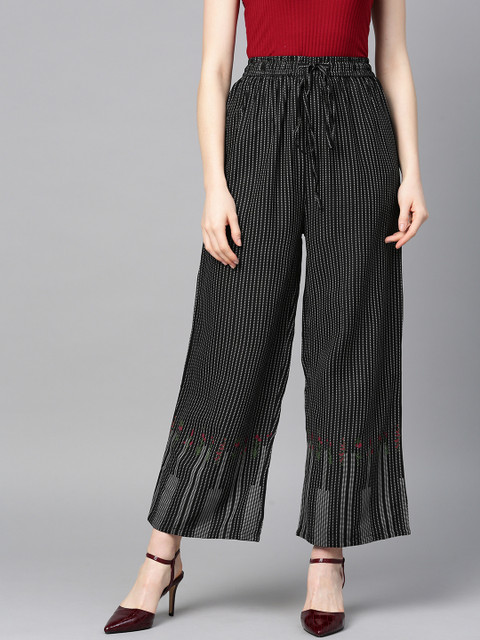 

Sringam Women Black & Grey Striped Wide Leg Palazzos