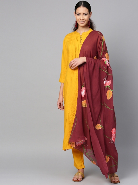 

Sringam Women Mustard Yellow & Maroon Solid Kurta with Trousers & Dupatta