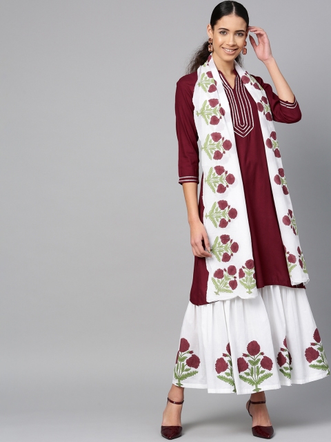 

Sringam Women Maroon Yoke Design Kurta with Sharara & Dupatta