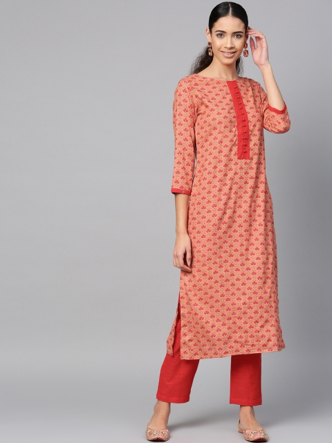 

Sringam Women Peach-Coloured & Red Printed Kurta with Trousers