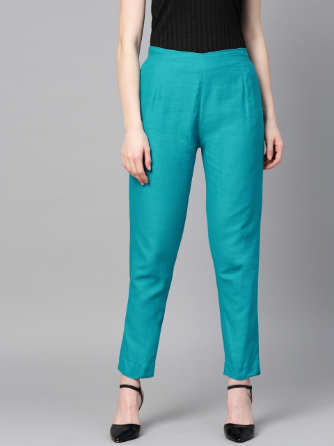 

Sringam Women Teal Blue Regular Fit Solid Cigarette Trousers