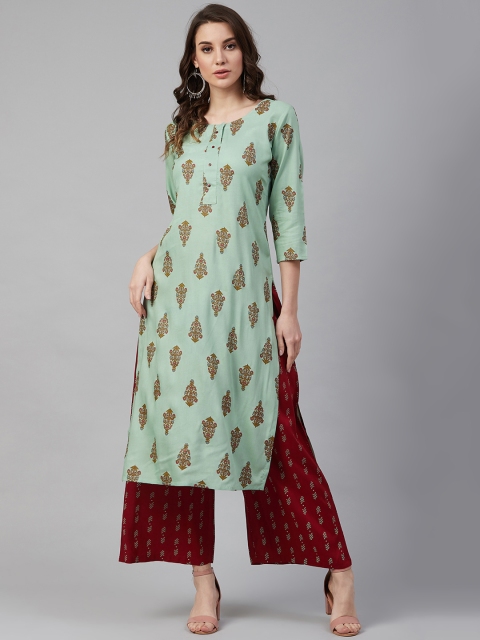 

Yufta Women Green & Maroon Printed Kurta with Palazzos