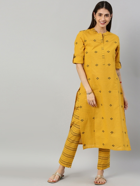 

Alena Women Mustard Yellow & Black Woven Design Kurta with Trousers