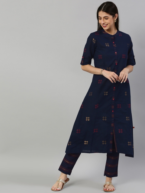 

Alena Women Navy Blue & Maroon Woven Design Kurta with Trousers