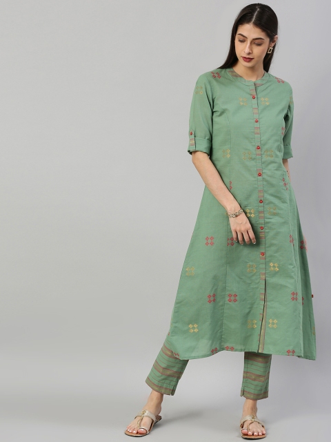 

Alena Women Sea Green Woven Design Kurta with Trousers
