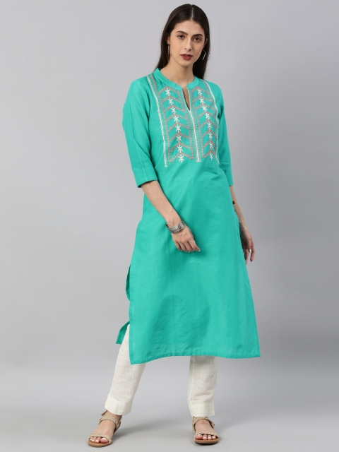 

Alena Women Sea Green Yoke Design Straight Kurta