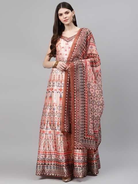 

Chhabra 555 Women Peach-Coloured & Blue Printed Made to Measure Cocktail Gown with Dupatta