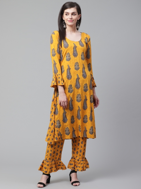 

Chhabra 555 Women Yellow & Blue Made to Measure Block Print Kurta with Palazzos