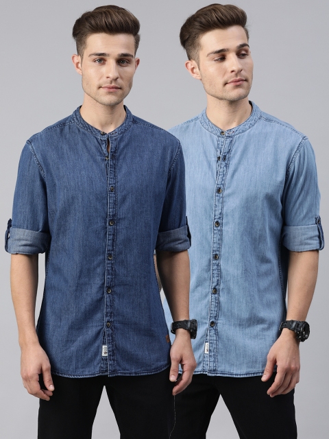 Men Pack of 2 Blue Regular Fit Faded Casual Sustainable Denim Shirt