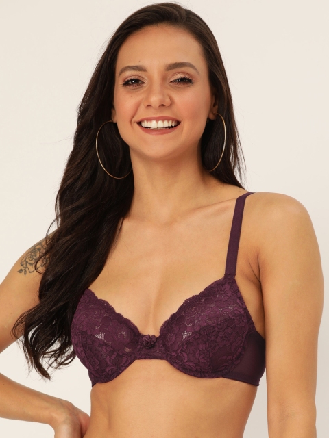 

DressBerry Burgundy Lace Sheer Underwired Non Padded Everyday Bra