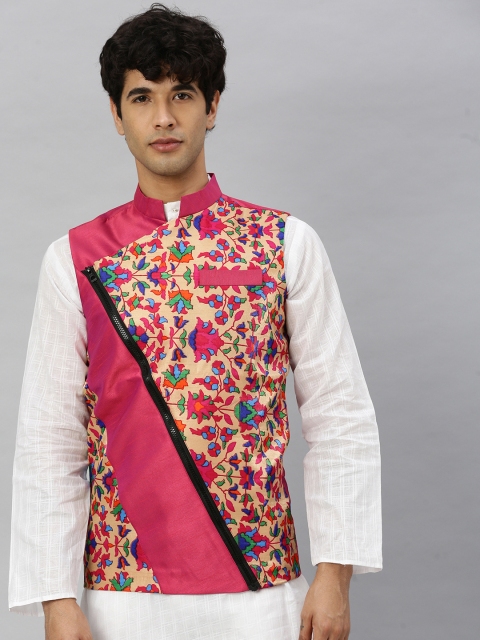 

Svanik Men Pink and Multicolour Printed Slim Fit Asymmetric Nehru Jacket