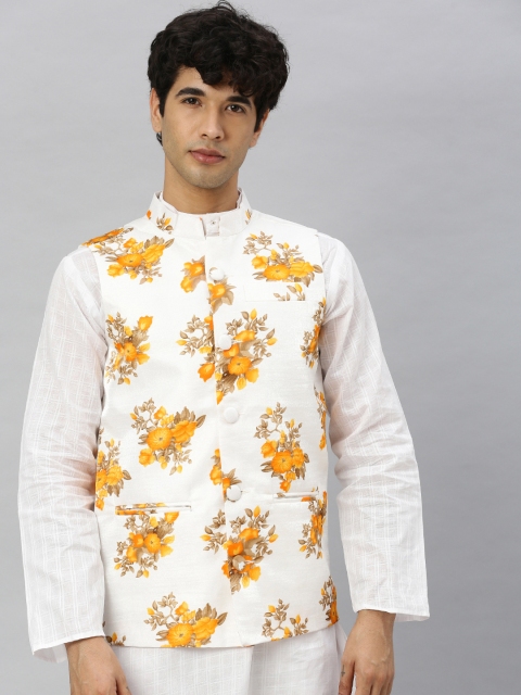 

Svanik White and Yellow Floral Printed Nehru Jacket