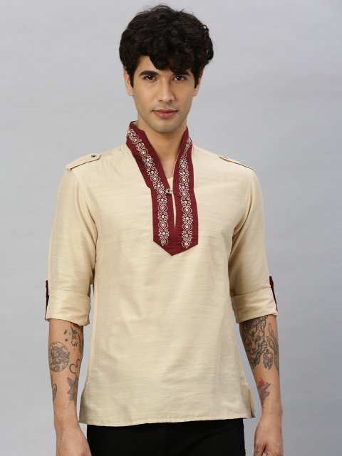 

Svanik Men Cream-Coloured & Maroon Solid Shawl Neck Straight Kurta
