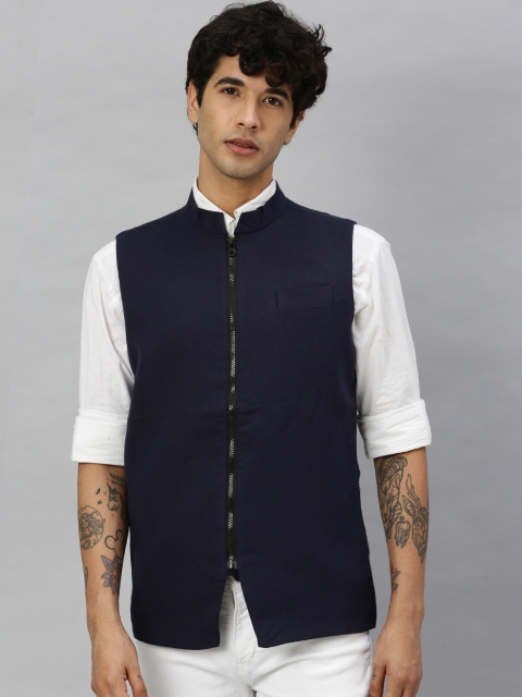

Svanik Men Navy Blue Solid Slim Fit Nehru Jacket