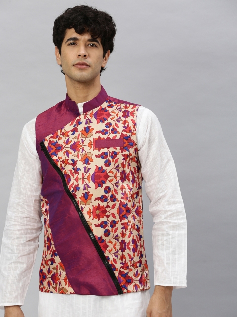 

Svanik Men Pink and Multicolour Printed Slim Fit Asymmetric Design Nehru Jacket