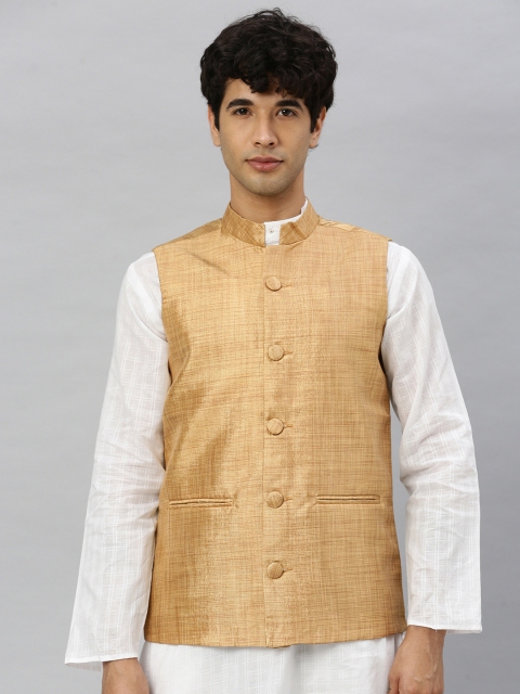 

Svanik Men Gold Slim Fit Woven Design Nehru Jacket