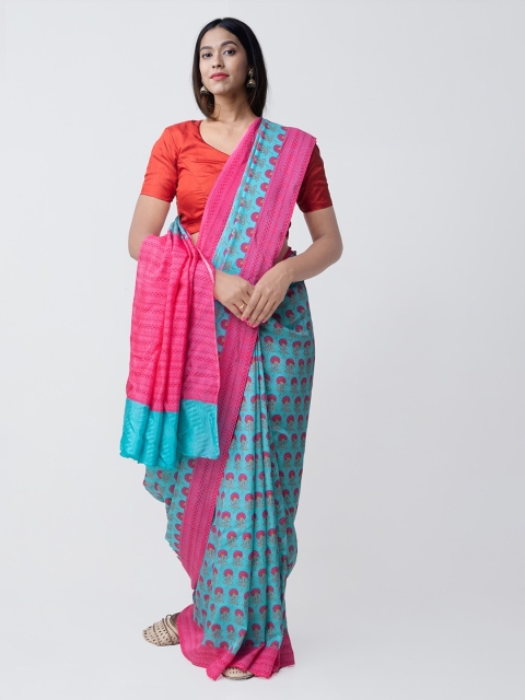 

Unnati Silks Blue & Pink Art Silk Printed Handloom Sustainable Saree