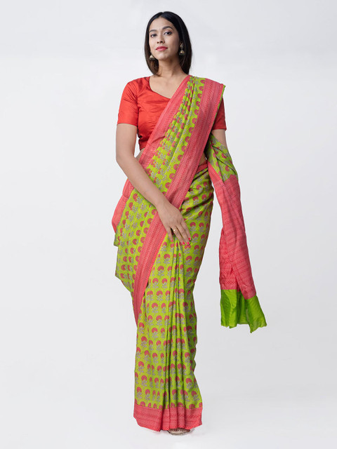 

Unnati Silks Green & Pink Art Silk Printed Handloom Sustainable Saree