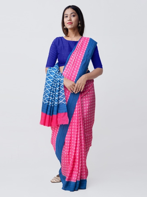 

Unnati Silks Pink & Blue Art Silk Printed Pochampally Handloom Sustainable Saree