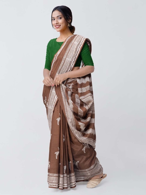 

Unnati Silks Brown & White Art Silk Printed Bengal Sustainable Saree