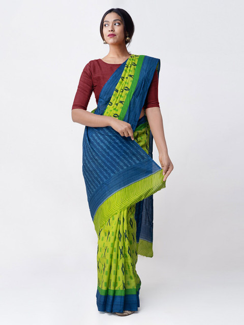 

Unnati Silks Green & Blue Art Silk Printed Pochampally Handloom Sustainable Saree
