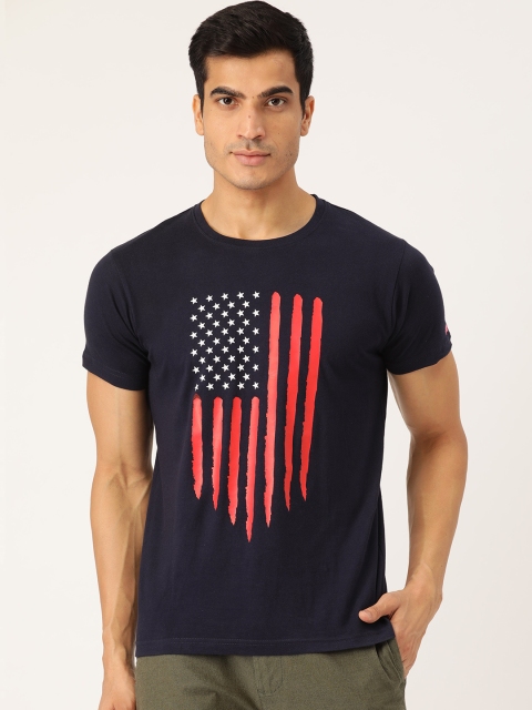 

PRINTOCTOPUS Men Navy Blue Red Printed Round Neck Pure Cotton T-shirt