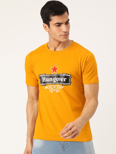 

PRINTOCTOPUS Men Mustard Yellow & Black Printed Round Neck T-shirt