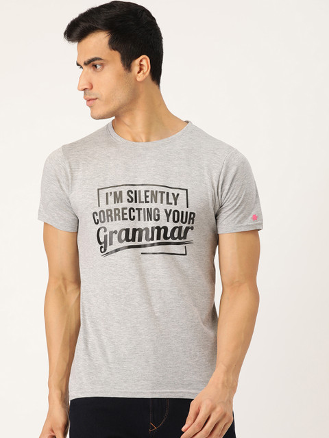 

PRINTOCTOPUS Men Grey Melange Black Printed Round Neck Pure Cotton T-shirt