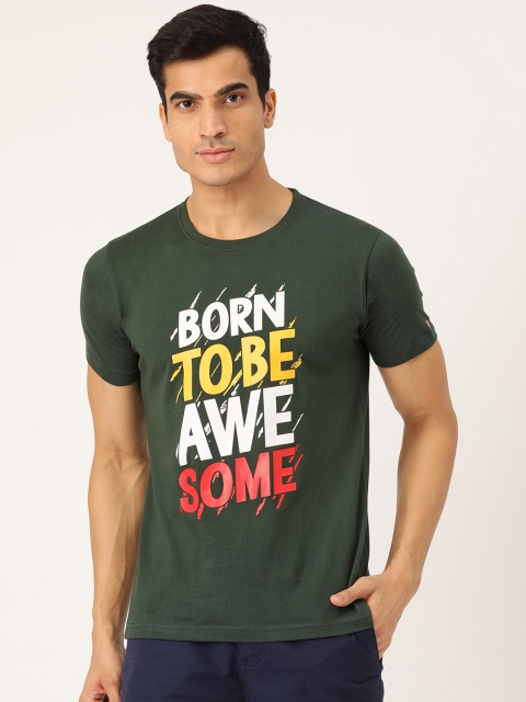 

PRINTOCTOPUS Men Green White Printed Round Neck Pure Cotton T-shirt