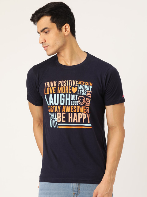 

PRINTOCTOPUS Men Navy Blue & Orange Printed Round Neck T-shirt