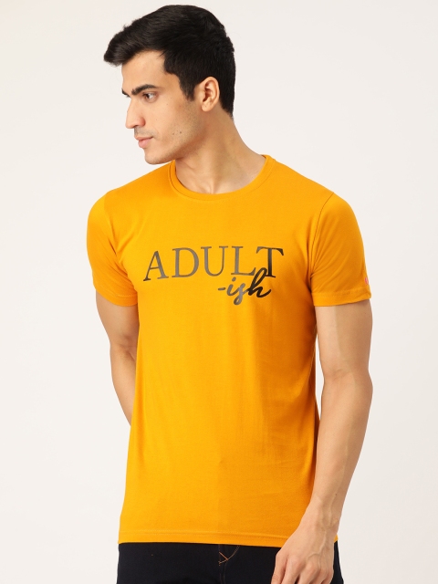 

PRINTOCTOPUS Men Mustard Yellow Black Printed Round Neck Pure Cotton T-shirt