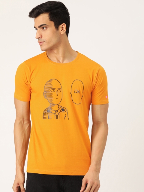 

PRINTOCTOPUS Men Mustard Yellow Black Printed Round Neck Pure Cotton T-shirt