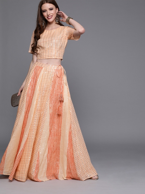 

AKS Couture Peach-Coloured & Silver-Toned Ready to Wear Paneled Lehenga with Blouse