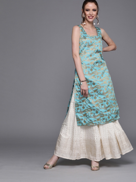 

AKS Couture Women Blue & Gold-Toned Woven Design Brocade Straight Kurta