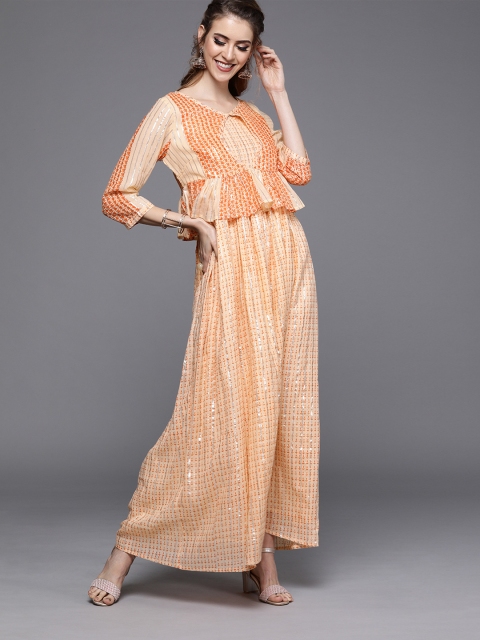 

AKS Couture Women Peach-Coloured Printed Maxi Layered Dress With Gathered Detail