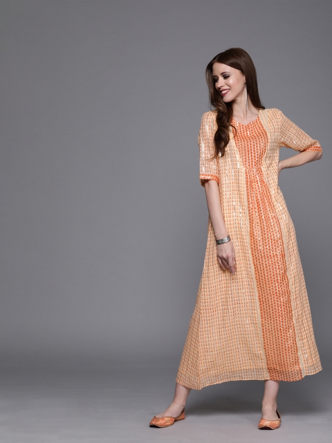 

AKS Couture Women Peach-Coloured Printed A-Line Dress With Gathers