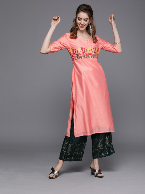 

AKS Couture Women Peach-Coloured Yoke Design Straight Kurta