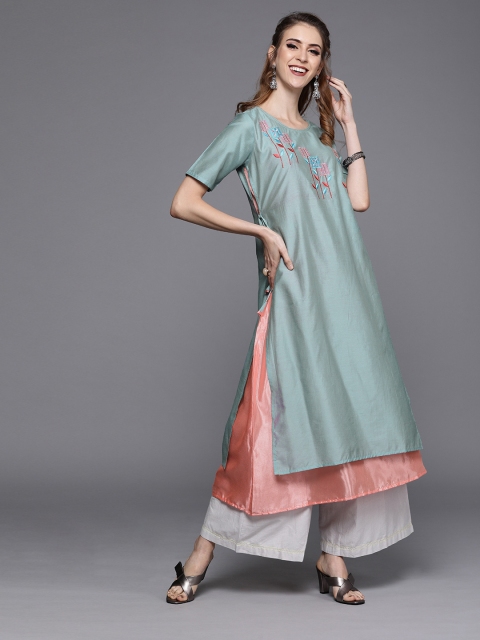 

AKS Couture Women Sea Green & Pink Yoke Design Straight Kurta