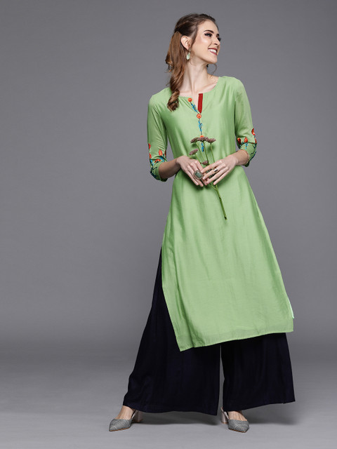 

AKS Couture Women Green Yoke Design Straight Kurta
